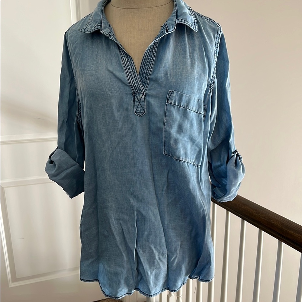 Skies Are Blue Button Down Polo Blue 3/4 Sleeve Shirt